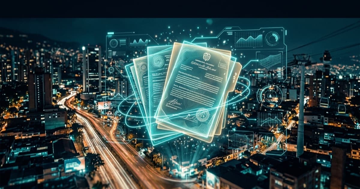 Documentos oficiales de un vehículo en Colombia, como la tarjeta de propiedad, sobre una ciudad de noche